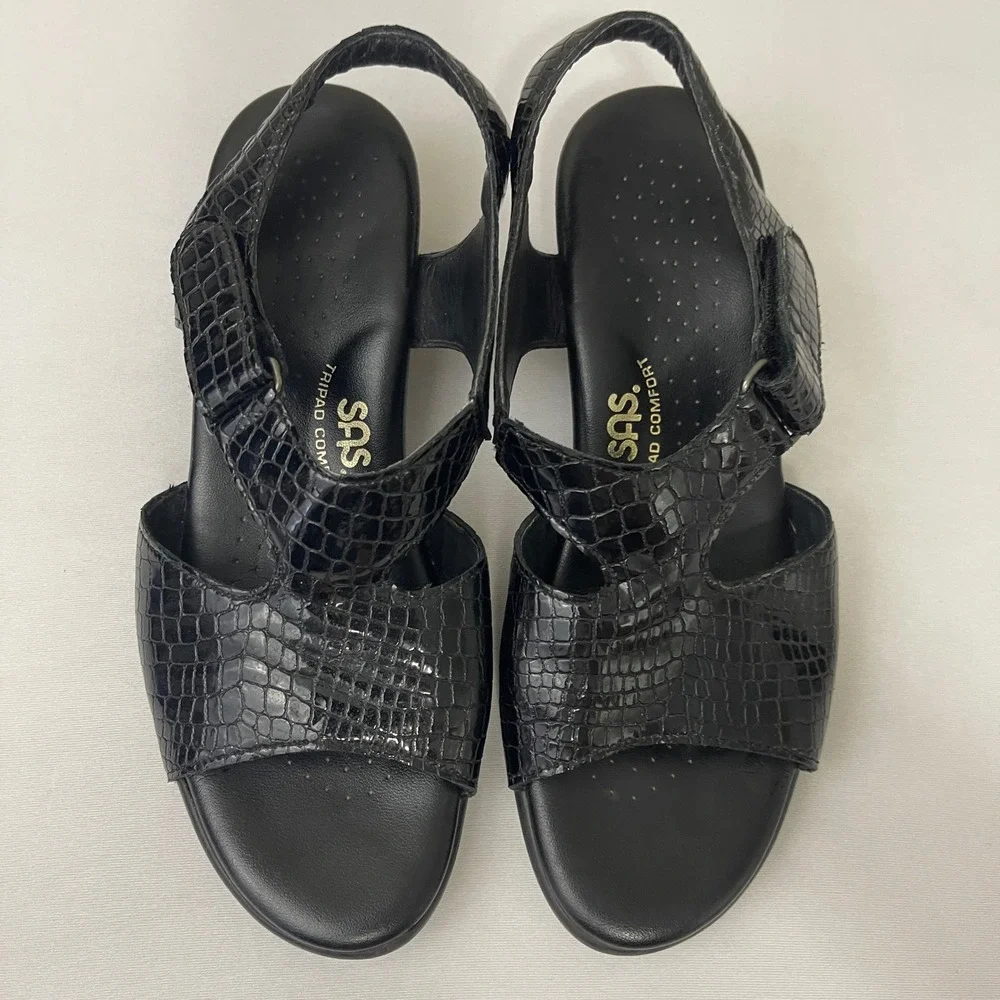 SAS Suntimer 7.5W‎ Black Croc Embossed Slingback Comfort Block Heel Sandals